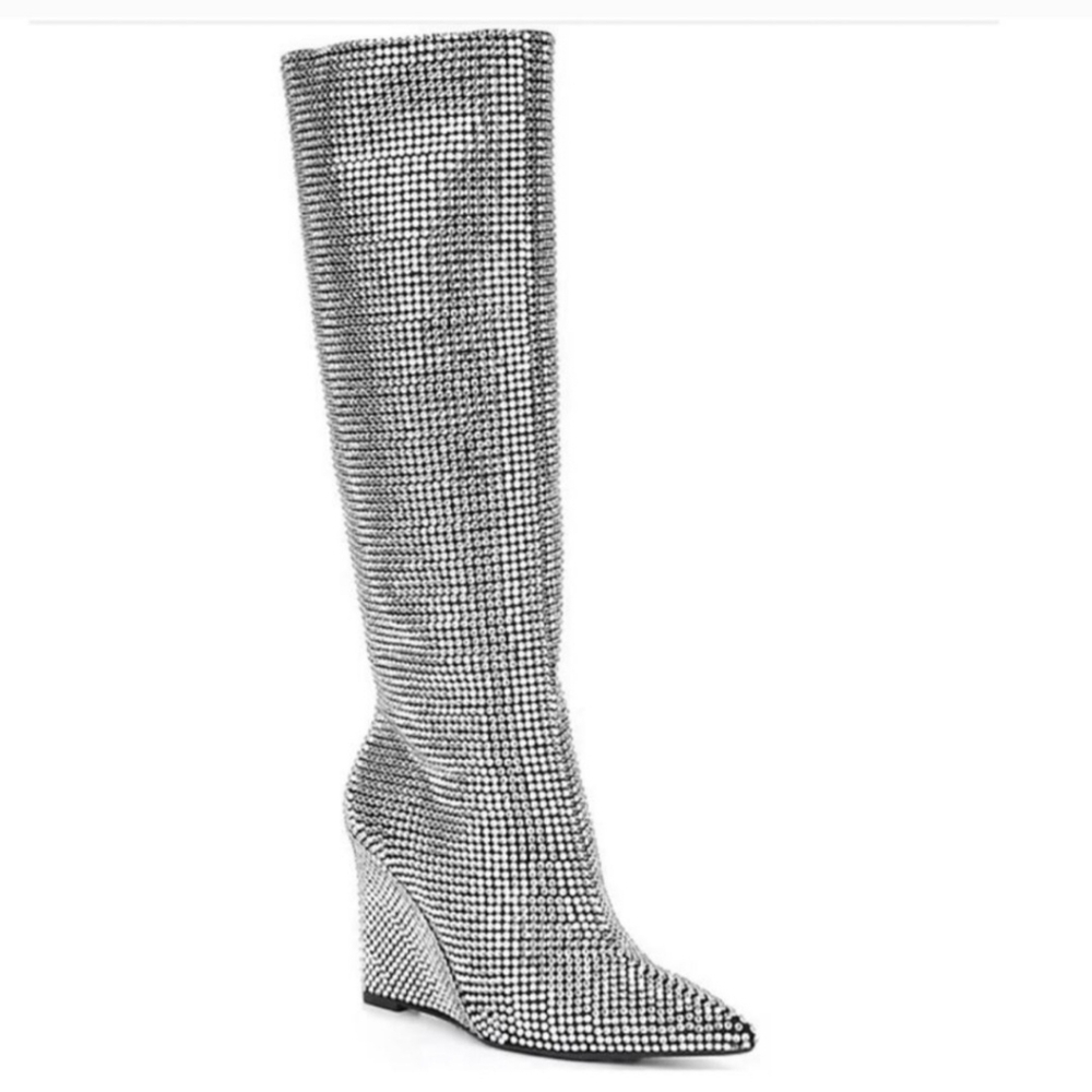 Gianna Bini Wedge Heel Rhinestone Knee High Silver BOOTS Disco Ball Cinderella